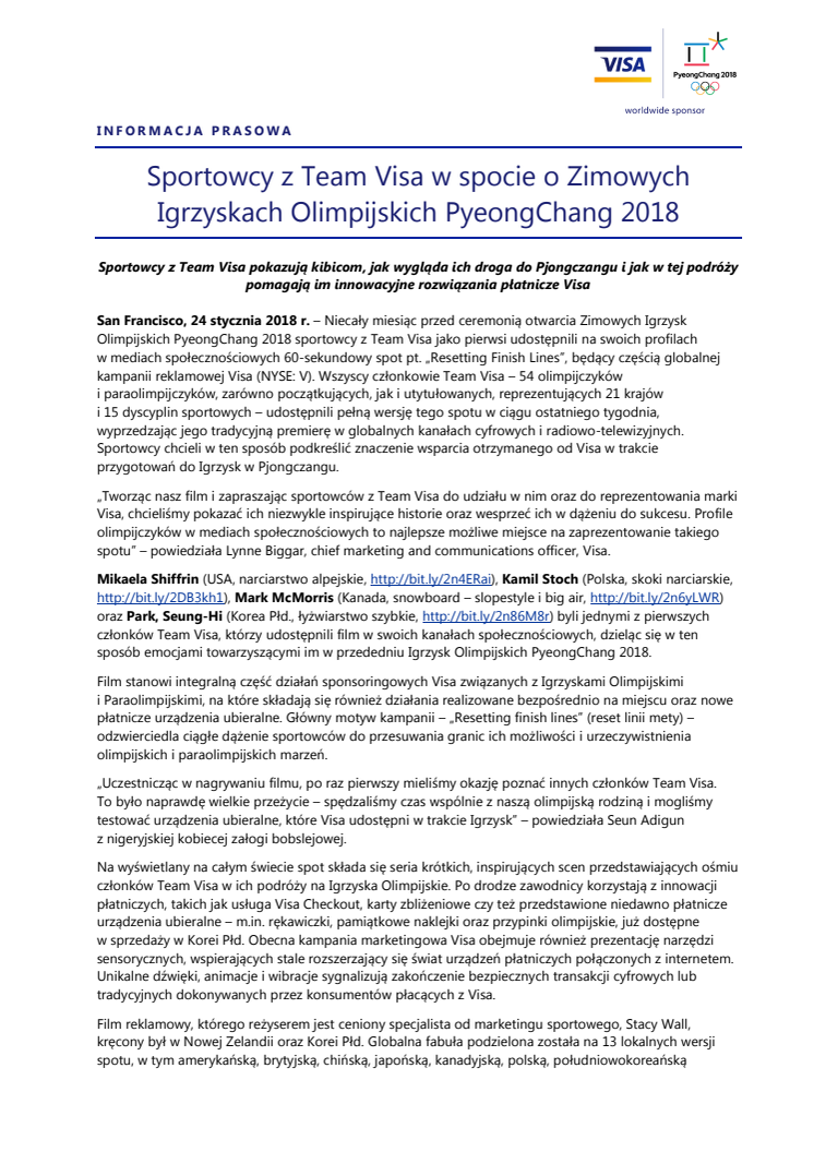 Sportowcy z Team Visa w spocie o Zimowych Igrzyskach Olimpijskich PyeongChang 2018