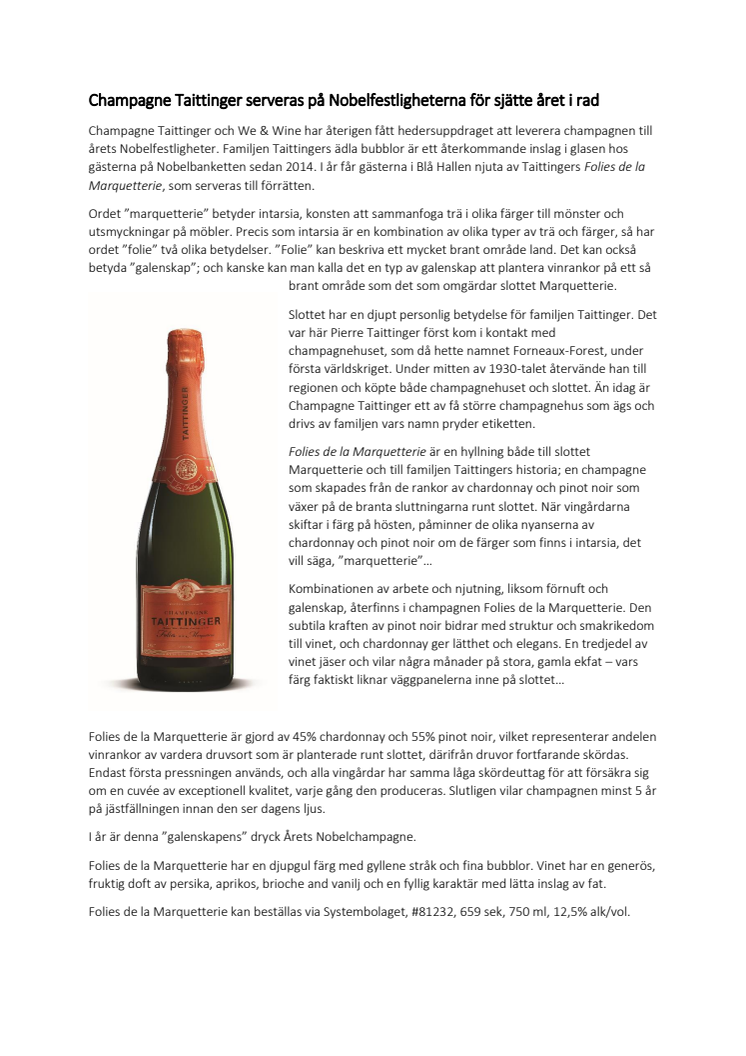 Champagne Taittinger serveras på Nobelfestligheterna för sjätte året i rad