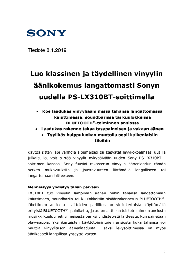 Luo klassinen ja täydellinen vinyylin äänikokemus langattomasti Sonyn uudella PS-LX310BT-soittimella