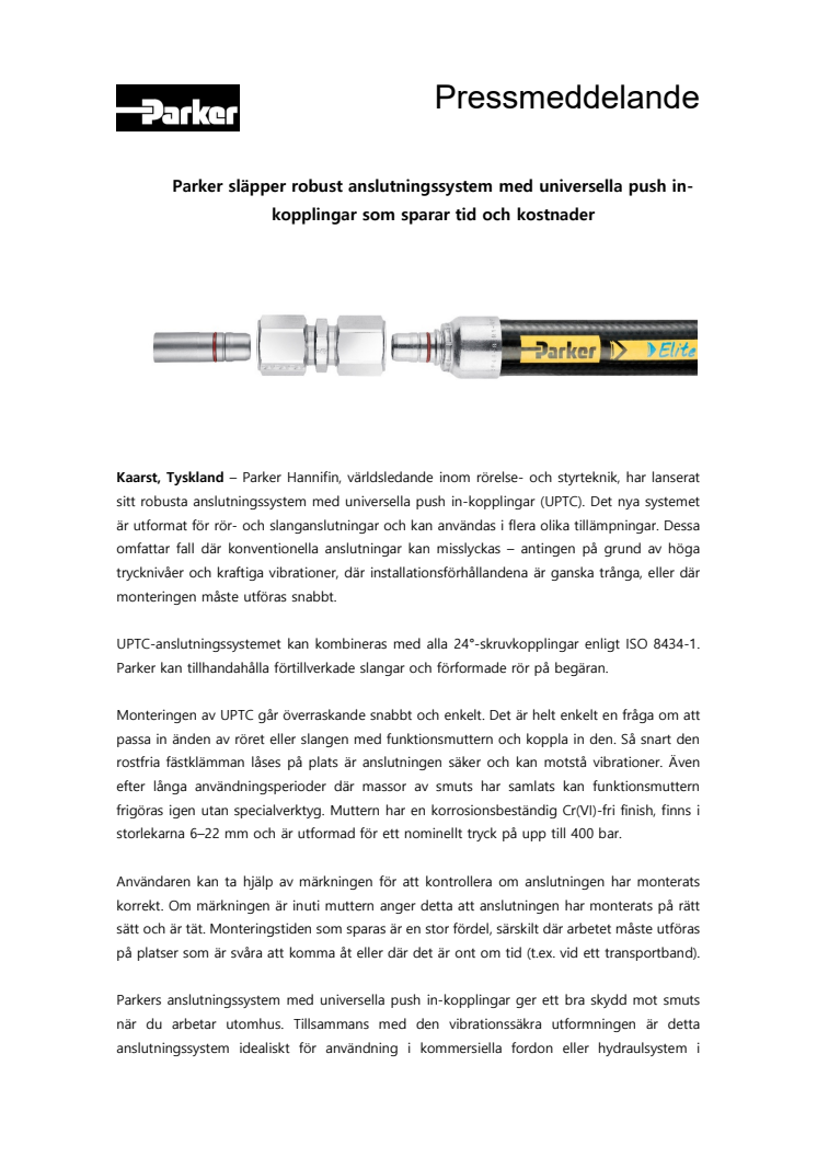 Parker släpper robust anslutningssystem med universella push in-kopplingar som sparar tid och kostnader