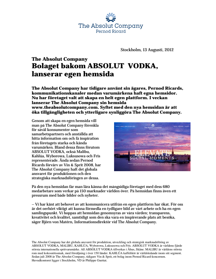 The Absolut Company: Bolaget bakom ABSOLUT  VODKA lanserar egen hemsida