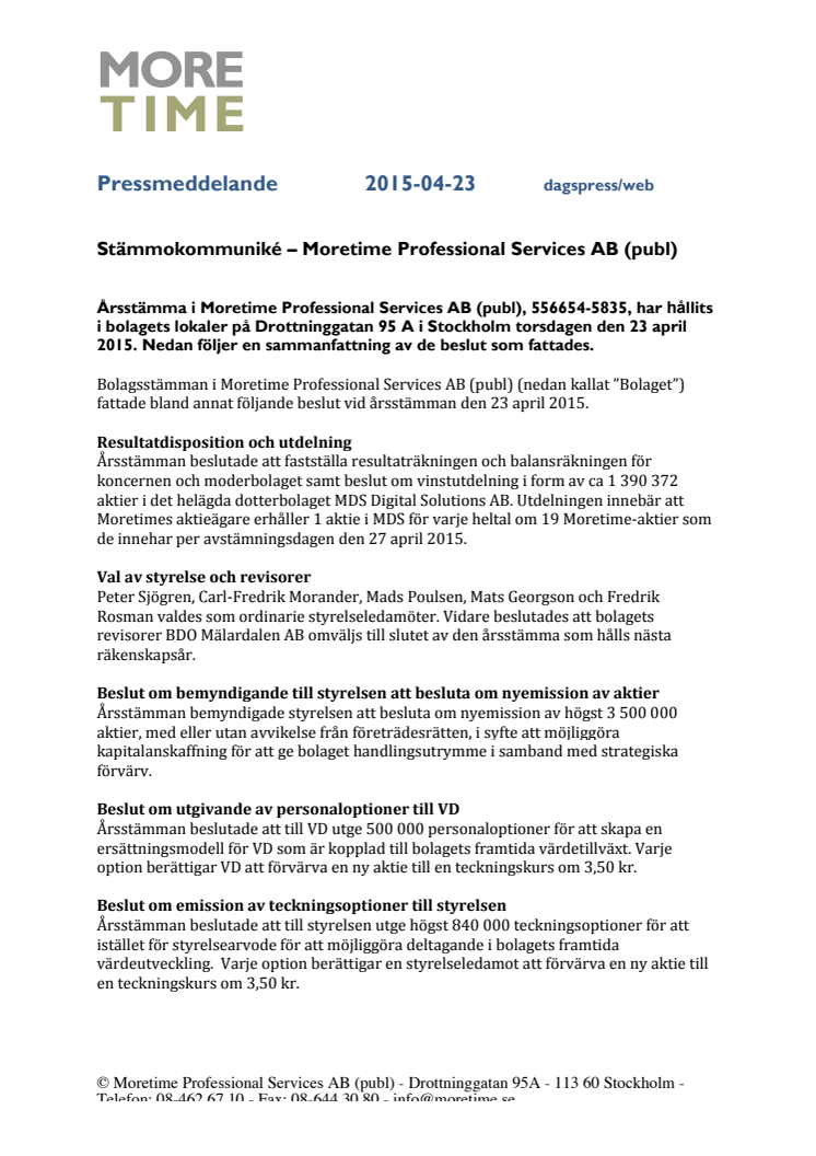 Stämmokommuniké – Moretime Professional Services AB (publ)