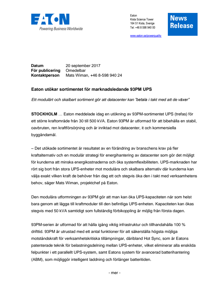 Eaton utökar sortimentet för marknadsledande 93PM UPS