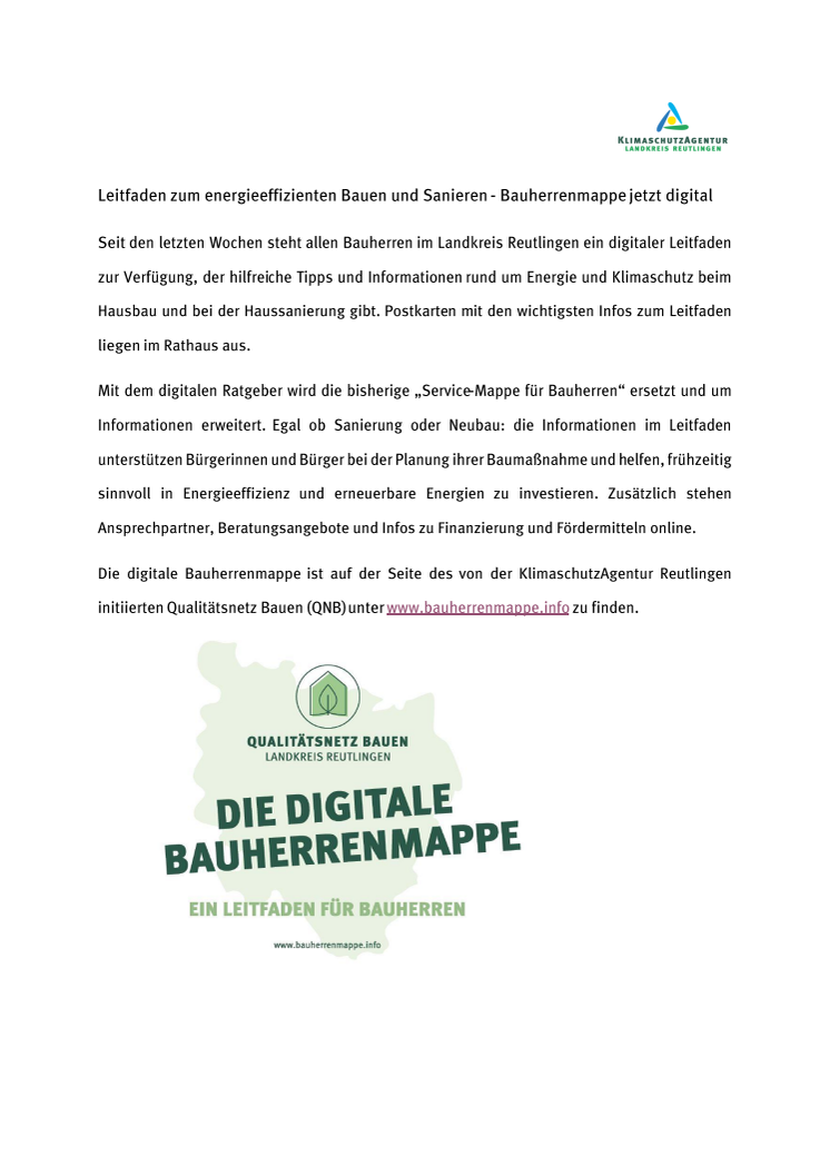 Leitfaden zum energieeffizienten Bauen und Sanieren - Bauherrenmappe jetzt digital