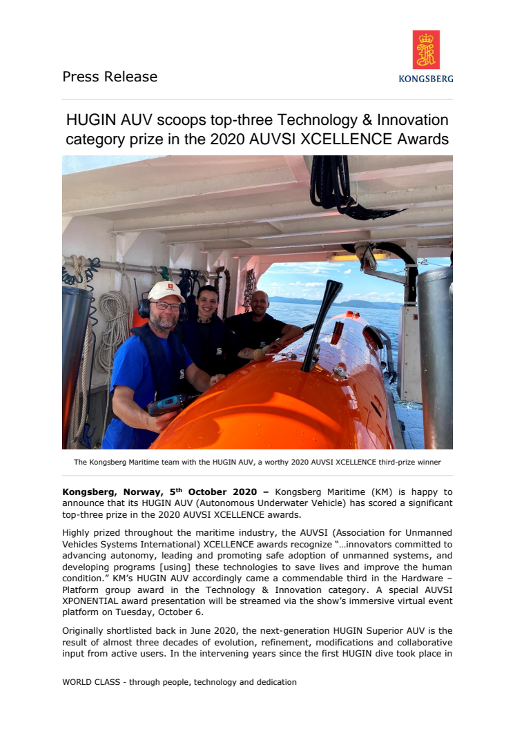 HUGIN AUV scoops top-three Technology & Innovation category prize in the 2020 AUVSI XCELLENCE Awards
