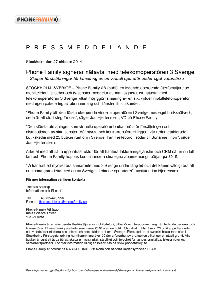 Phone Family signerar nätavtal med telekomoperatören 3 Sverige