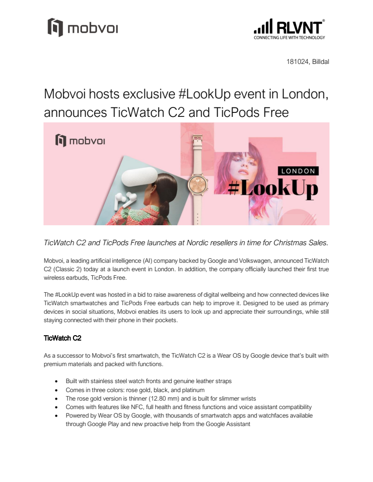 Mobvoi lanserar TicWatch C2 och TicPods Free under London-event #LookUp