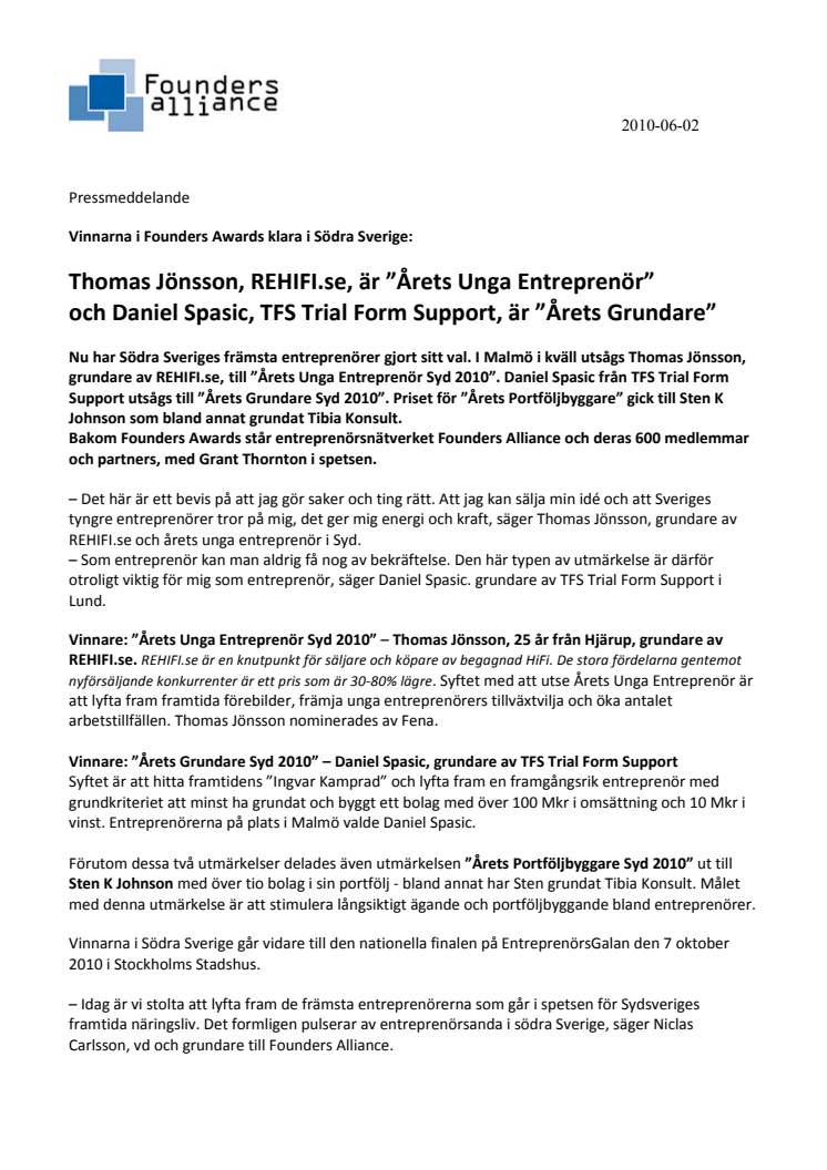 Thomas Jönsson, REHIFI.se, är ”Årets Unga Entreprenör”  och Daniel Spasic, TFS Trial Form Support, är ”Årets Grundare”