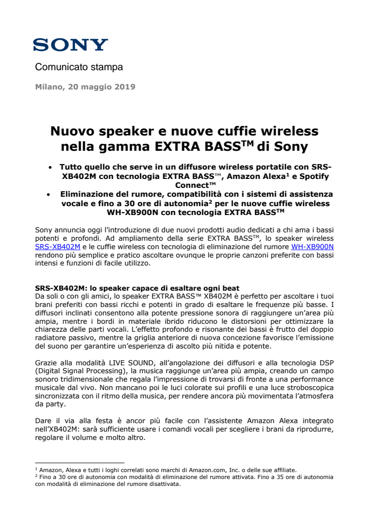 Nuovo speaker e nuove cuffie wireless nella gamma EXTRA BASS di Sony 