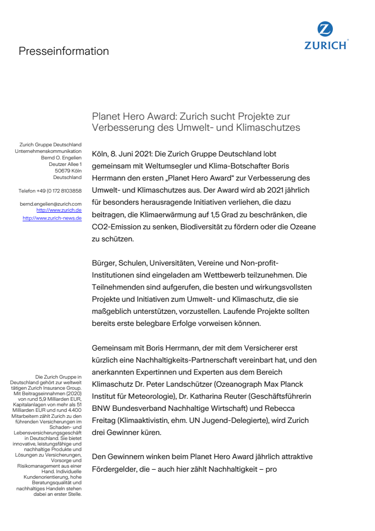 Planet Hero Award: Zurich sucht Projekte zur Verbesserung des Umwelt- und Klimaschutzes
