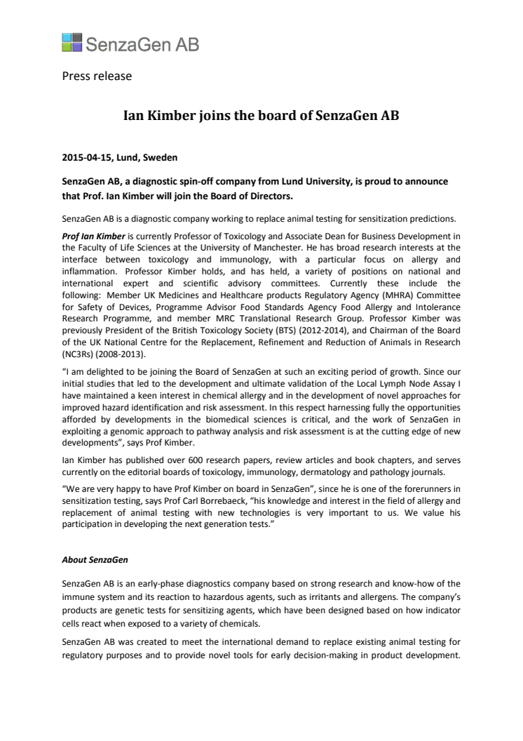 Ian Kimber joins the board of SenzaGen AB 
