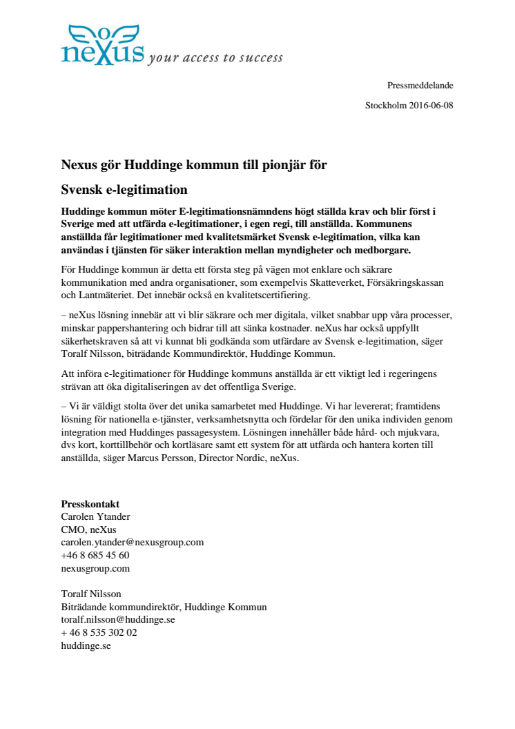 Nexus gör Huddinge kommun till pionjär för  Svensk e-legitimation