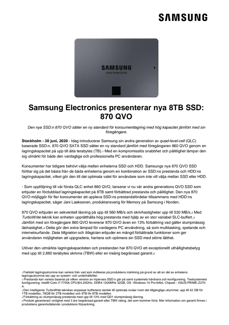 Samsung Electronics presenterar nya 8TB SSD: 870 QVO