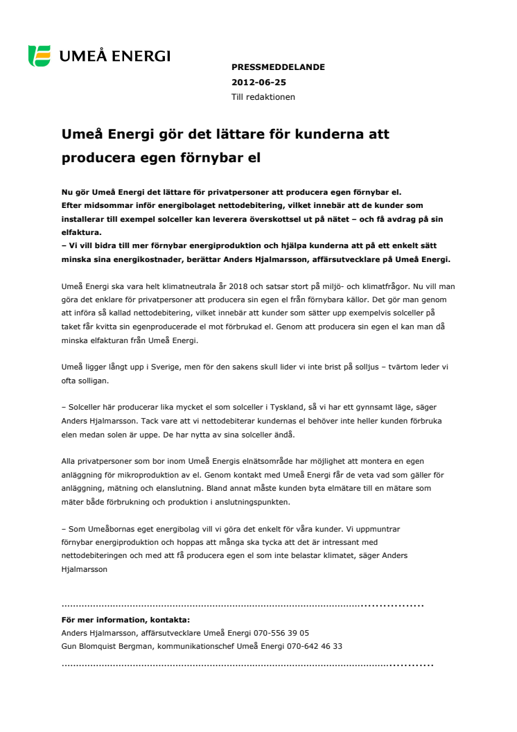 Umeå Energi gör det lättare för kunderna att producera egen förnybar el