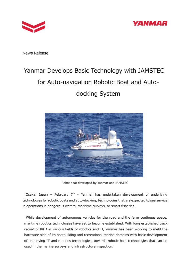 Yanmar Develops Basic Technology with JAMSTEC for Auto-navigation Robotic Boat and Auto-docking System