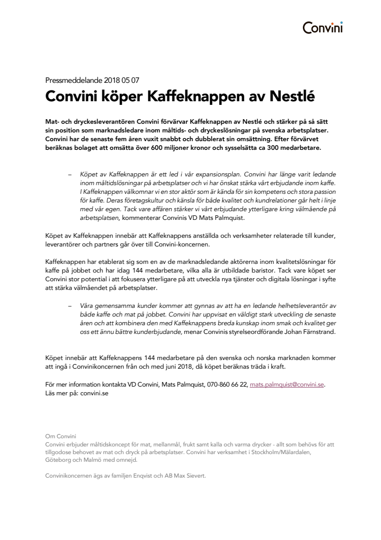 Convini köper Kaffeknappen av Nestlé