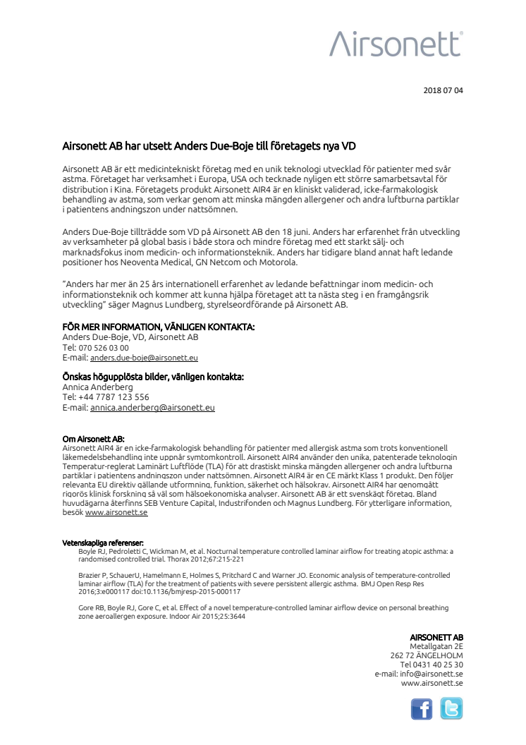 Airsonett AB har utsett Anders Due-Boje till företagets nya VD 