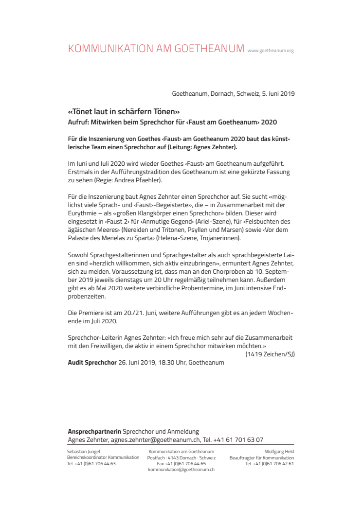 «Tönet laut in schärfern Tönen». ​Aufruf: Mitwirken beim Sprechchor für ‹Faust am Goetheanum› 2020