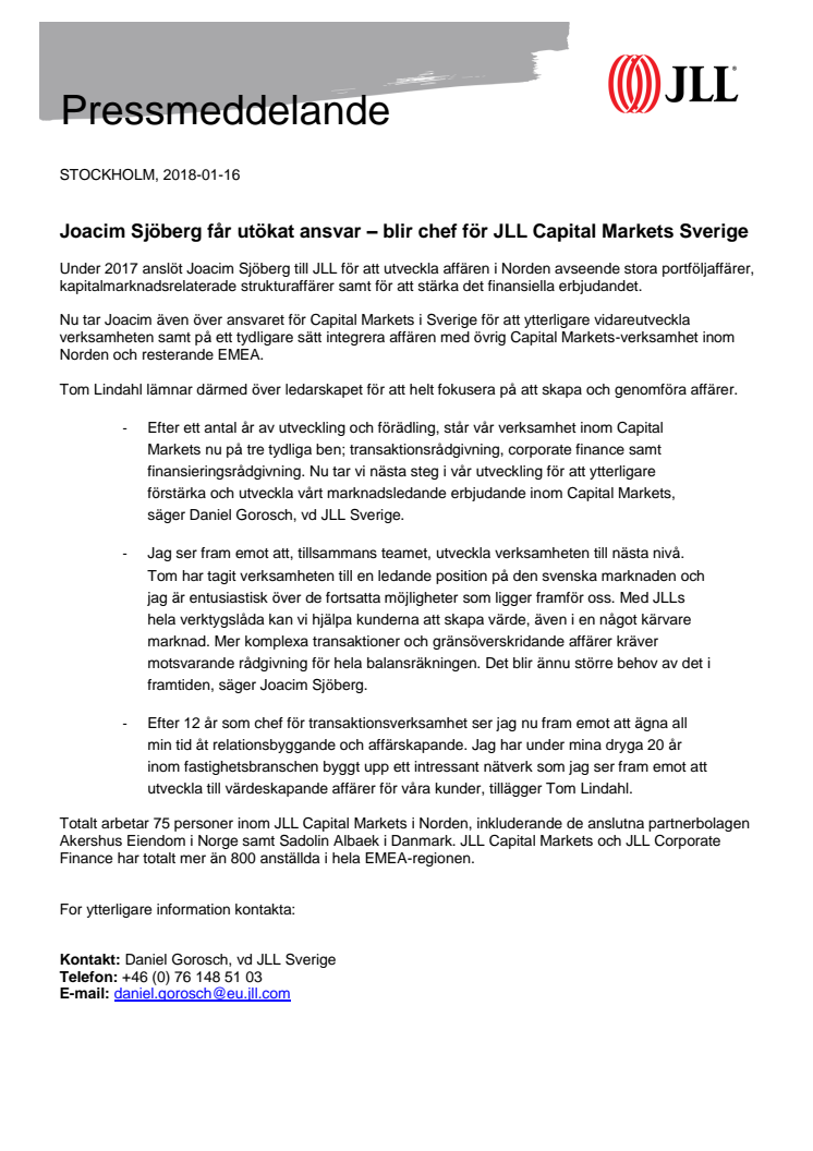 Joacim Sjöberg får utökat ansvar – blir chef för JLL Capital Markets Sverige