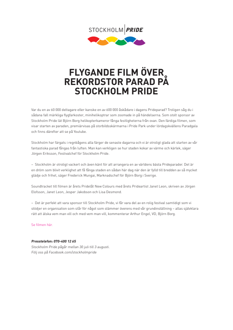 Flygade film över rekordstor parad på Stockholm Pride 