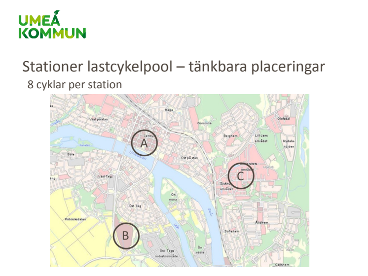 Karta med tänkbara stationer för lastcykelpool