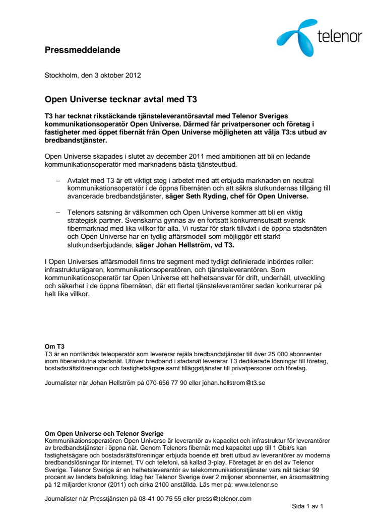 Open Universe tecknar avtal med T3