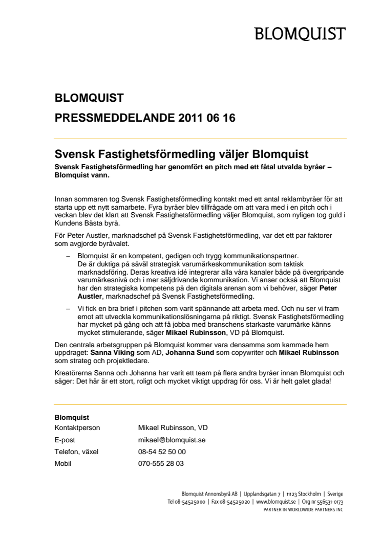 Svensk Fastighetsförmedling väljer Blomquist