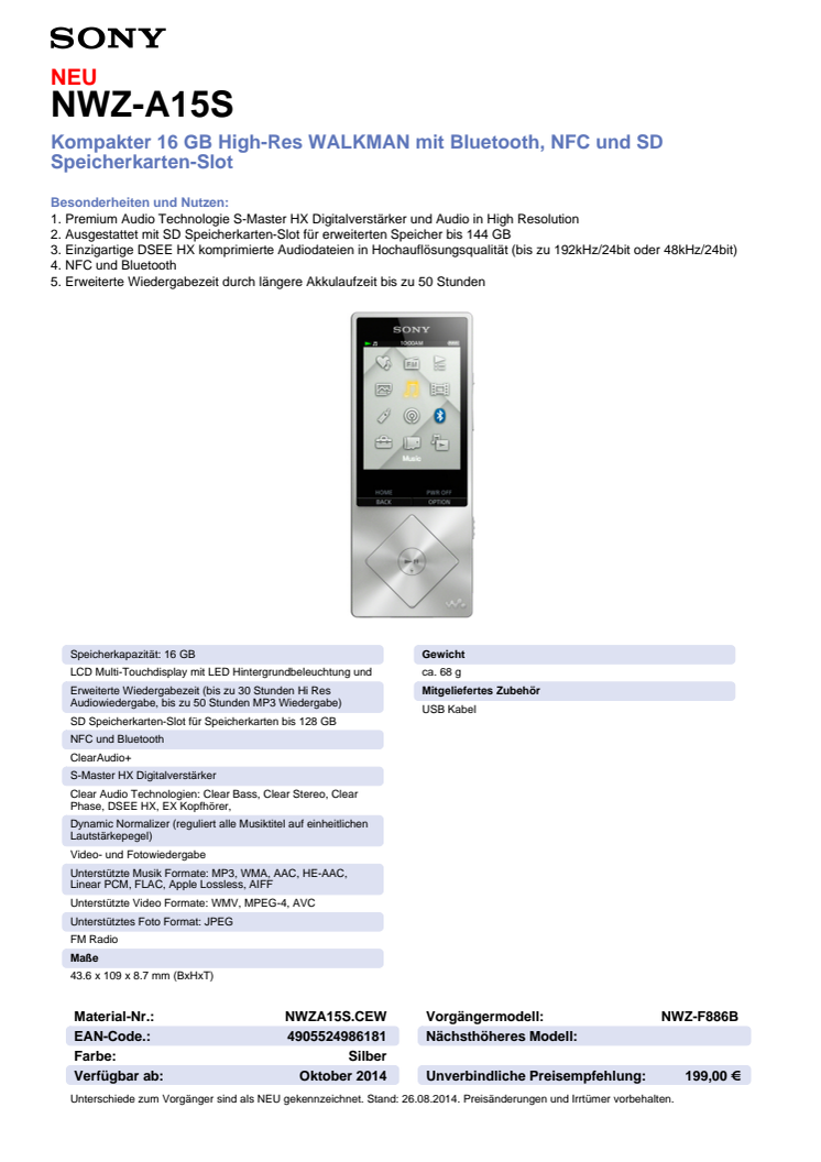 Datenblatt WALKMAN NWZ-A15S von Sony