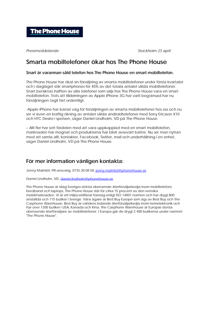 Smarta mobiltelefoner ökar hos The Phone House 