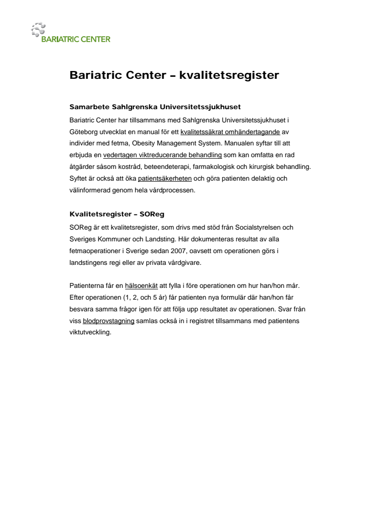 Bariatric Center – kvalitetssäkring och kvalitetsregister