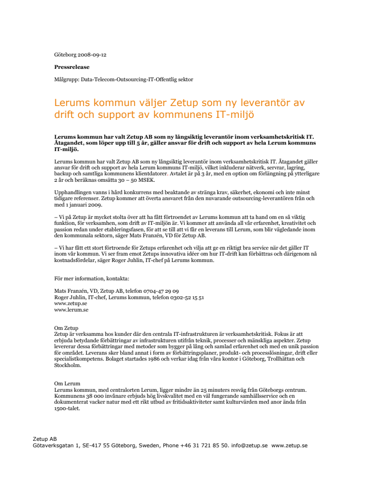 Lerums kommun väljer Zetup som ny leverantör av drift och support av kommunens IT-miljö 