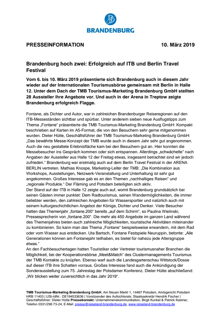 Brandenburg hoch zwei: Erfolgreich auf ITB und Berlin Travel Festival 