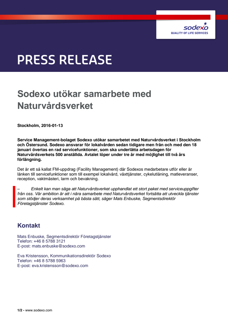 Sodexo utökar samarbete med Naturvårdsverket