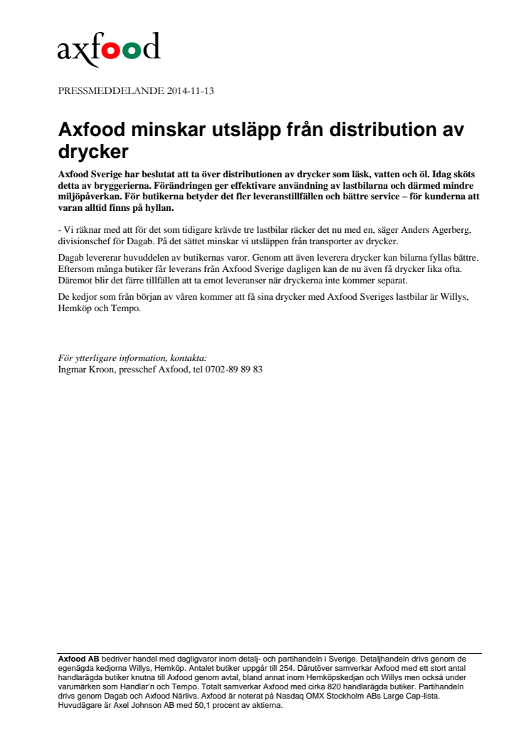 Axfood minskar utsläpp från distribution av drycker