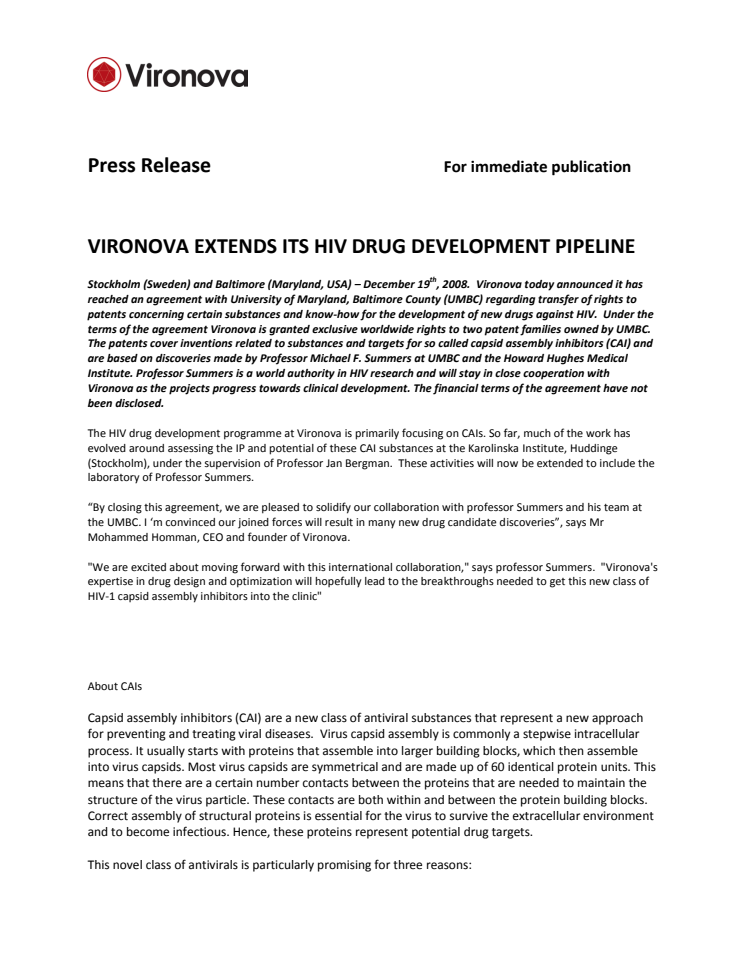 VIRONOVA EXTENDS ITS HIV DRUG DEVELOPMENT PIPELINE 