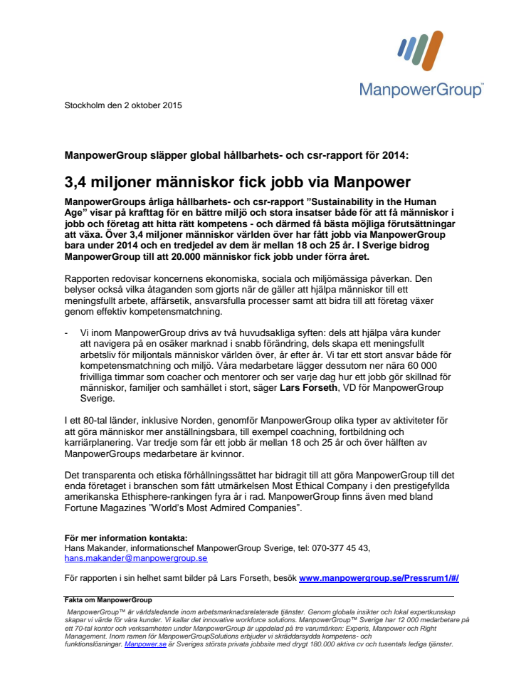 ​ManpowerGroup släpper global hållbarhetsrapport: 3,4 miljoner människor fick jobb via Manpower