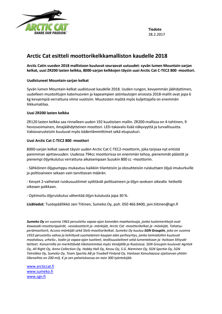 Arctic Cat esitteli moottorikelkkamalliston kaudelle 2018