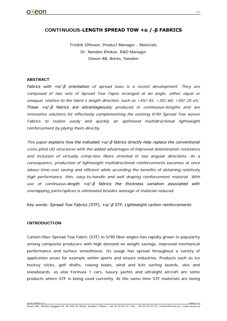 Paper: Continuous-length Spread Tow +α/-β Fabrics