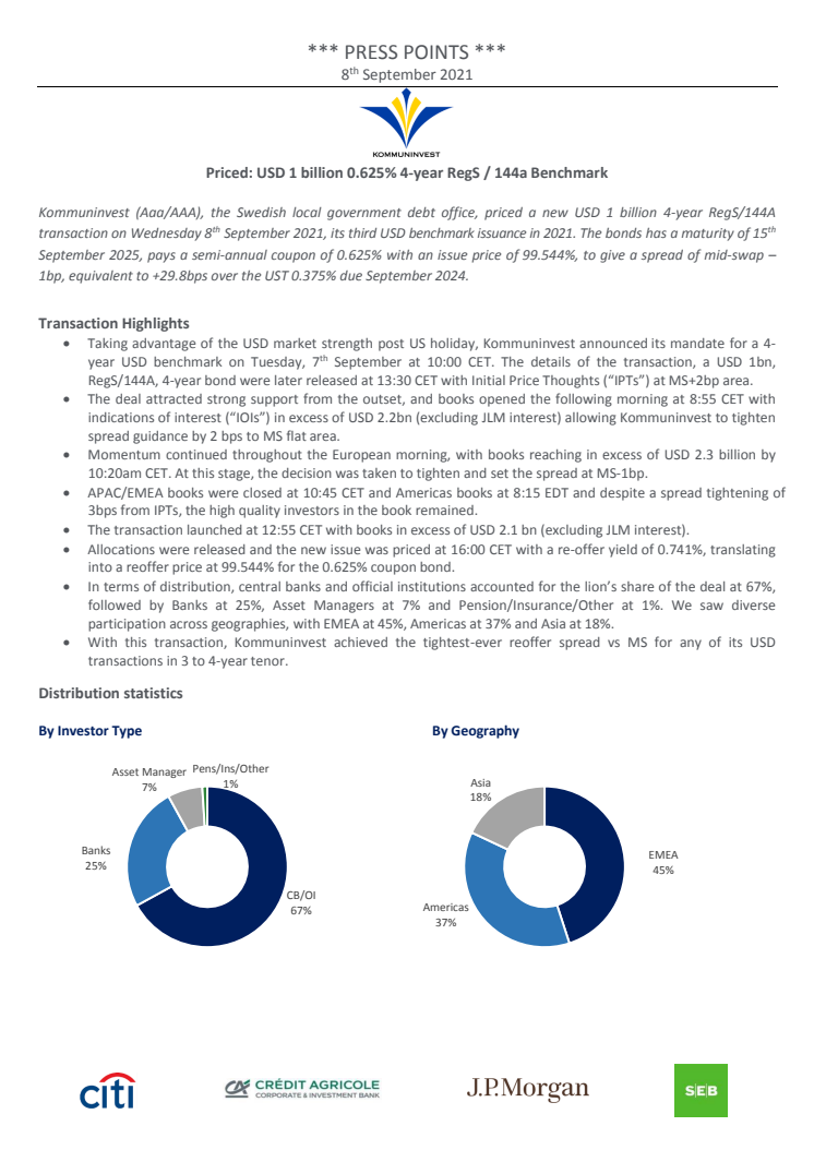 Kommuninvest USD Issue Press Points