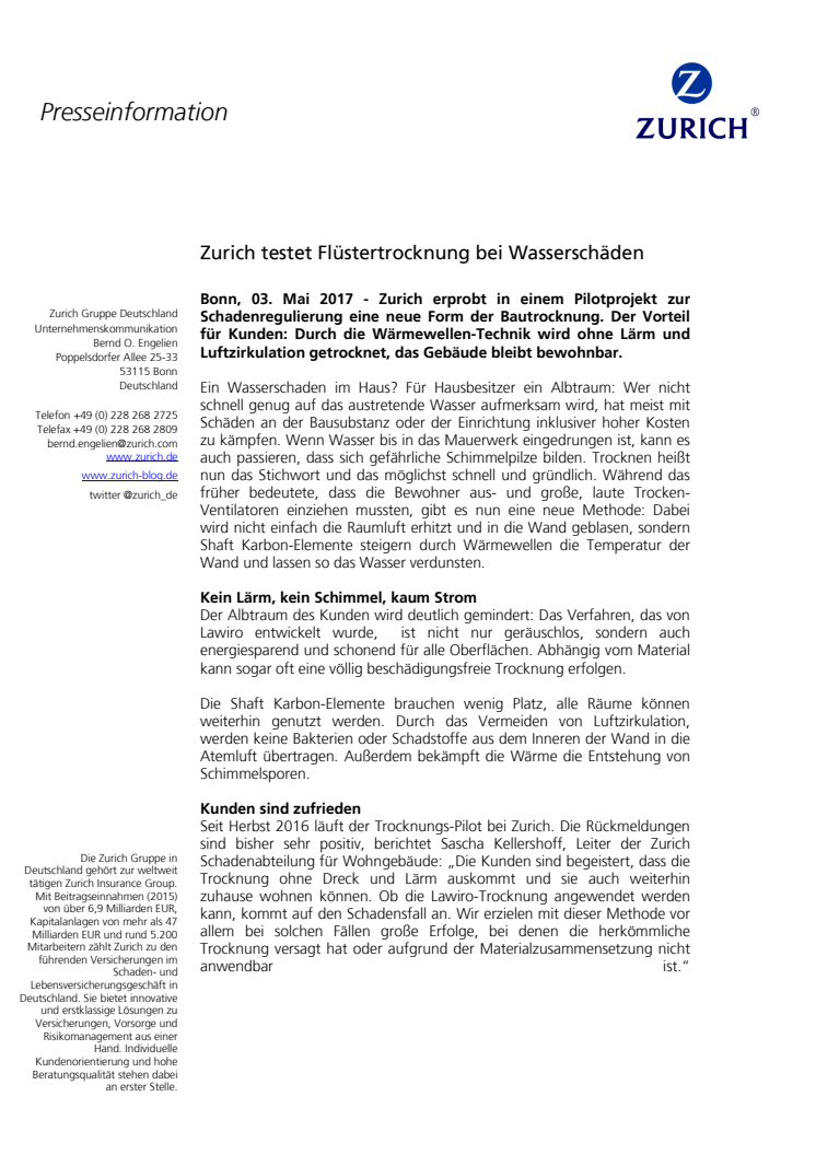 Zurich testet Flüstertrocknung bei Wasserschäden