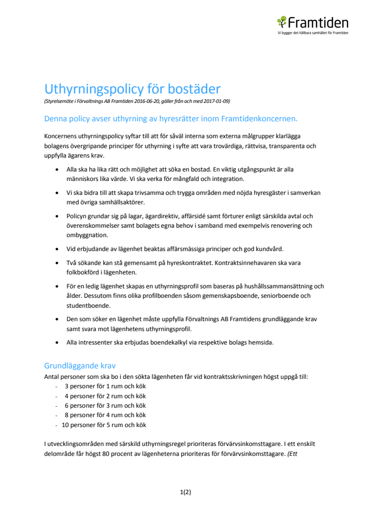 Ny uthyrningspolicy för bostäder