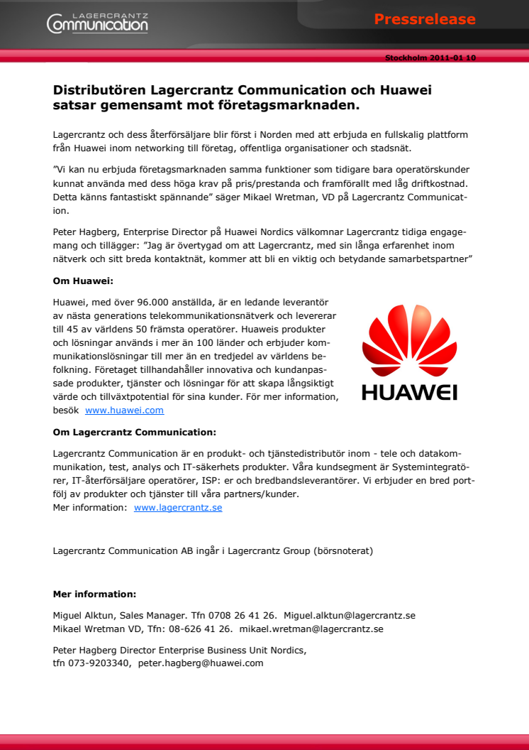 Distributören Lagercrantz Communication och Huawei  satsar gemensamt mot företagsmarknaden