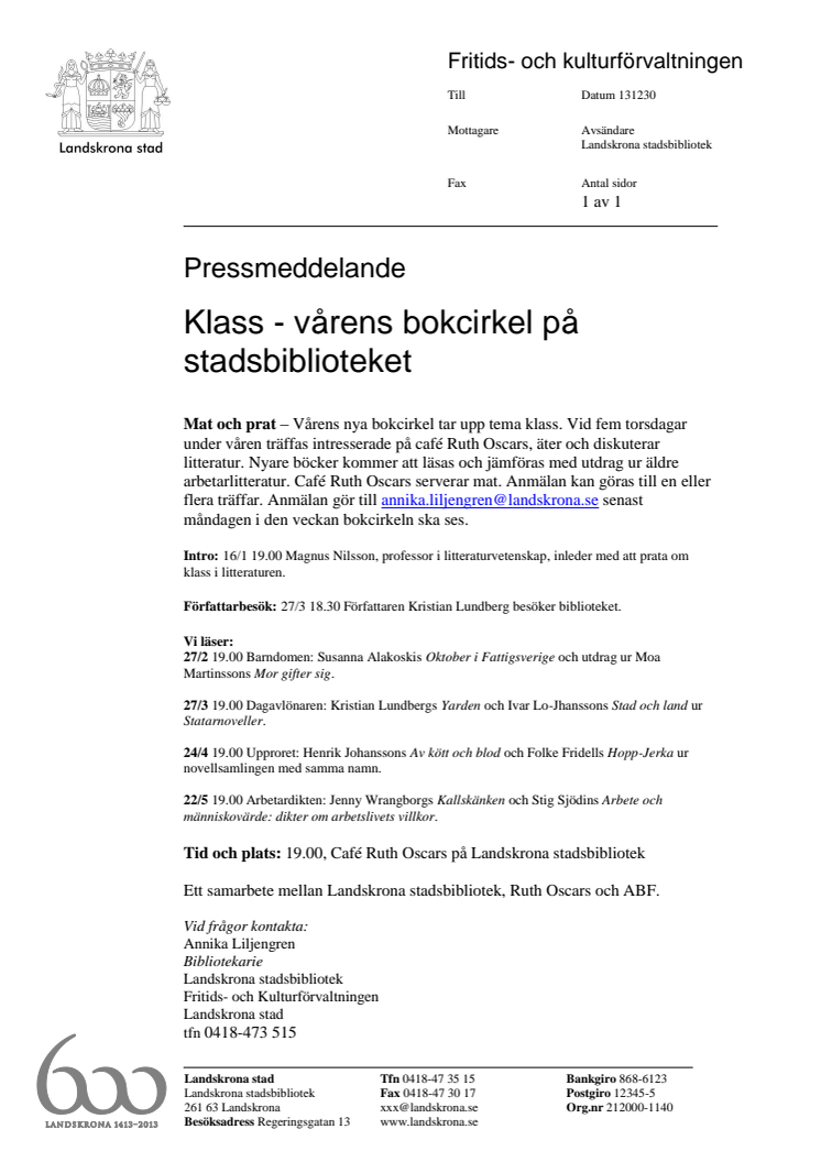 Klass - vårens bokcirkel på Landskrona stadsbibliotek