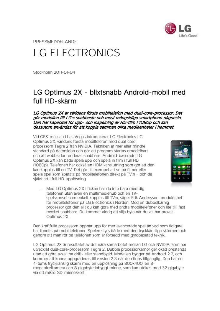LG Optimus 2X - blixtsnabb Android-mobil med full HD