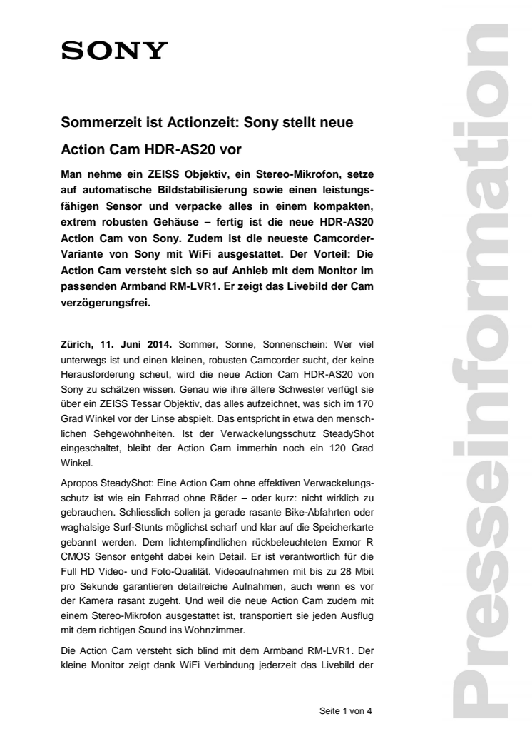 Sommerzeit ist Actionzeit: Sony stellt neue  Action Cam HDR-AS20 vor