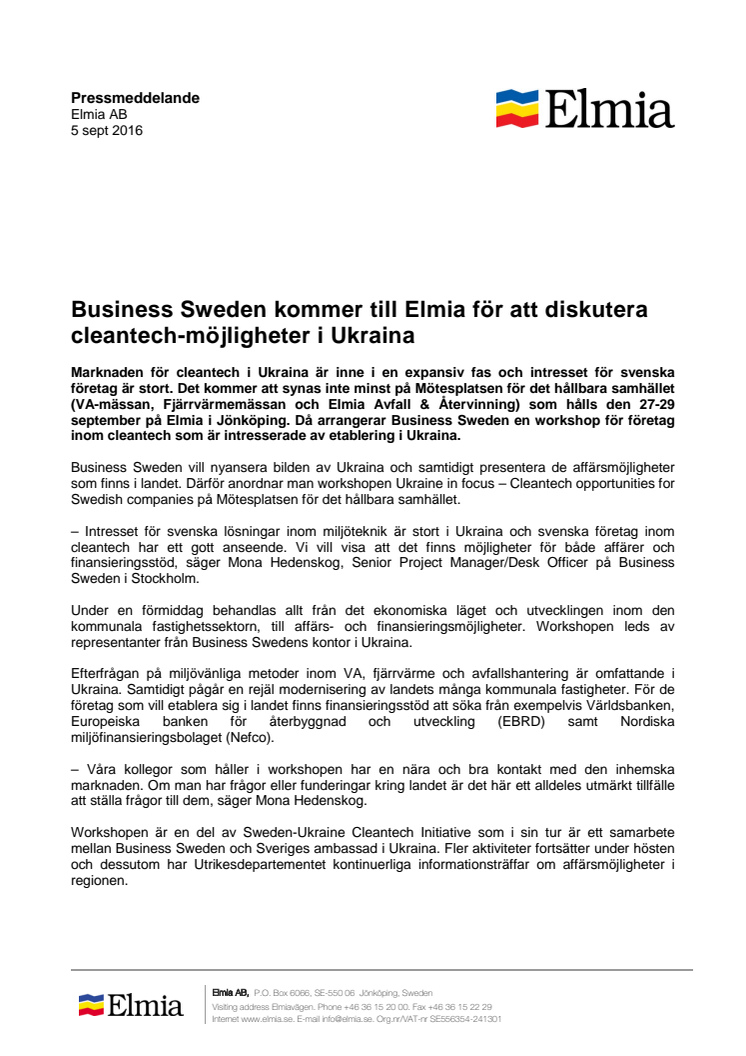 Business Sweden kommer till Elmia för att diskutera  cleantech-möjligheter i Ukraina