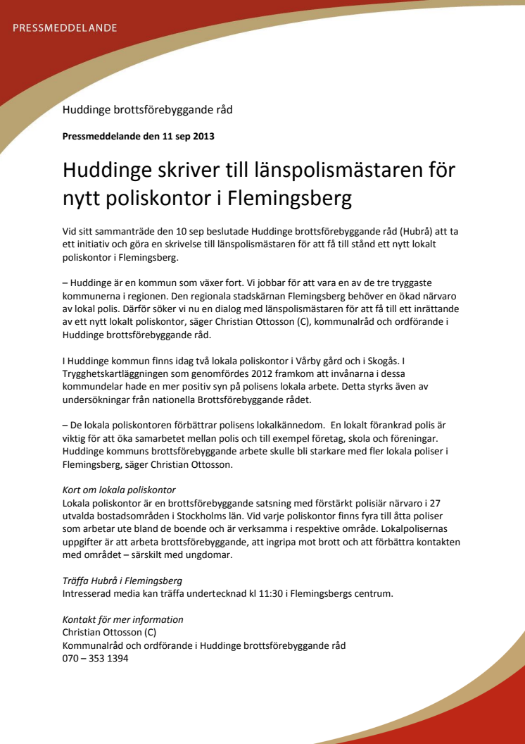 Huddinge skriver till länspolismästaren för nytt poliskontor i Flemingsberg