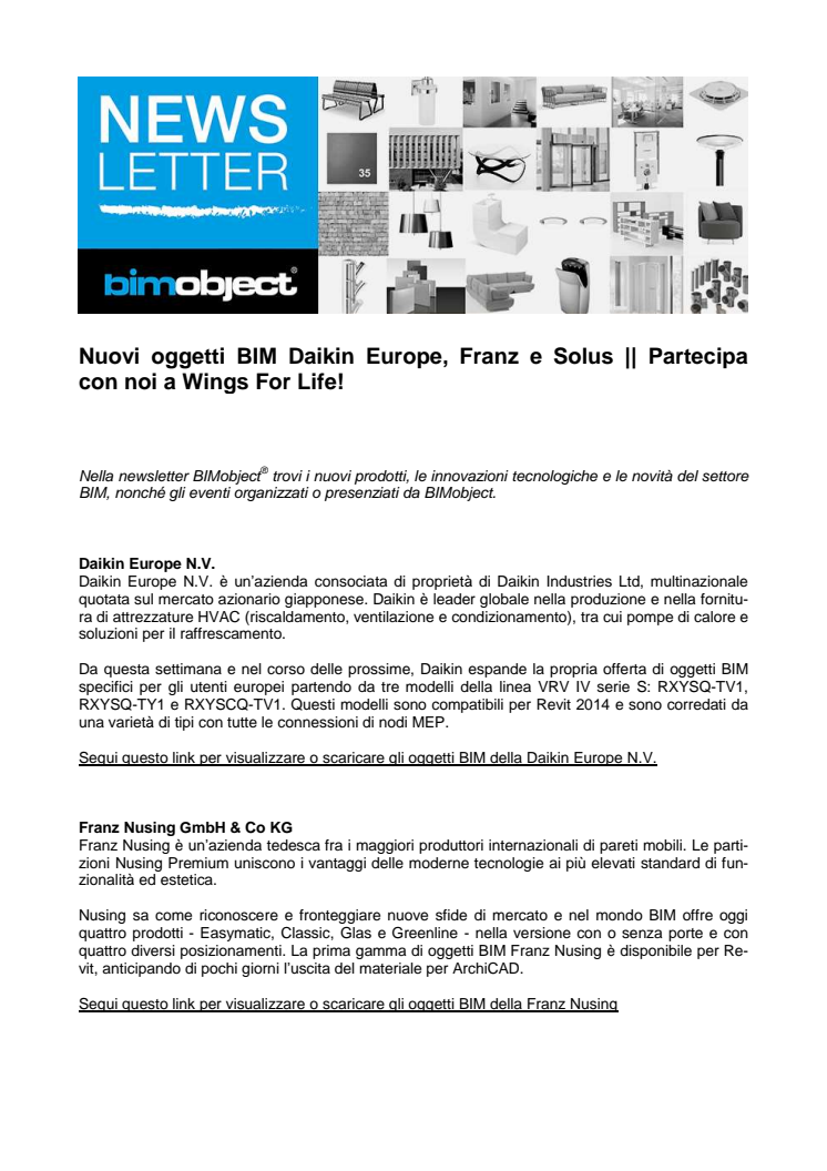 Nuovi oggetti BIM Daikin Europe, Franz e Solus || Partecipa con noi a Wings For Life!