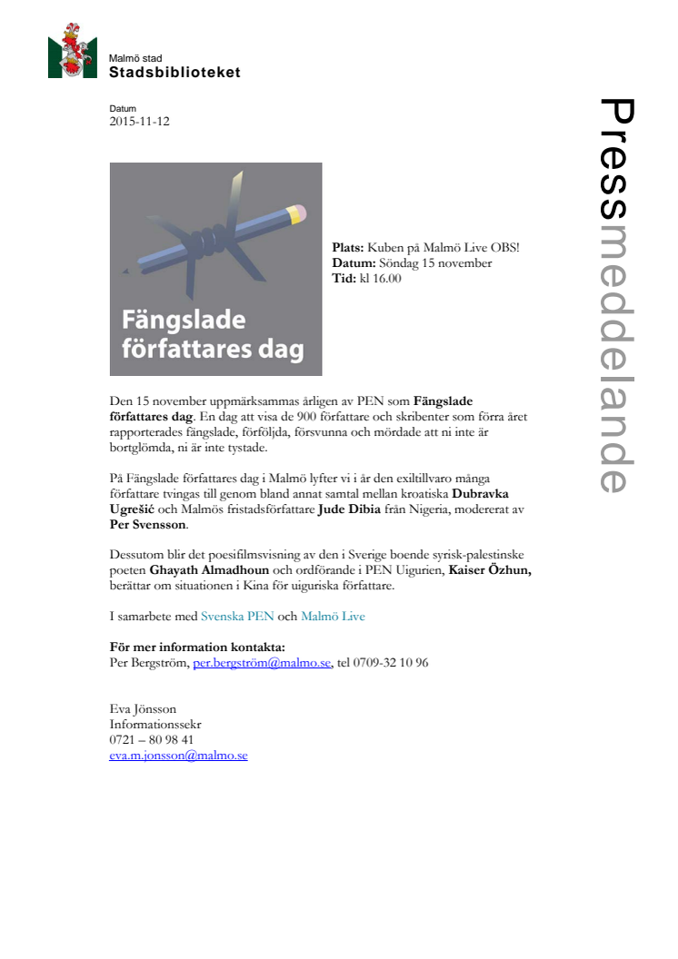 Internationell författarscen: Fängslade författares dag