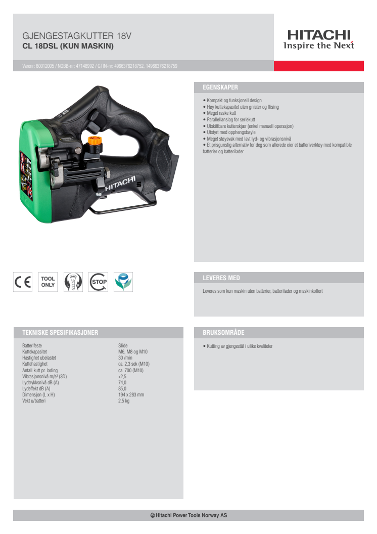 Hitachi gjengestagkutter 18V CL18DSL - Tool Only